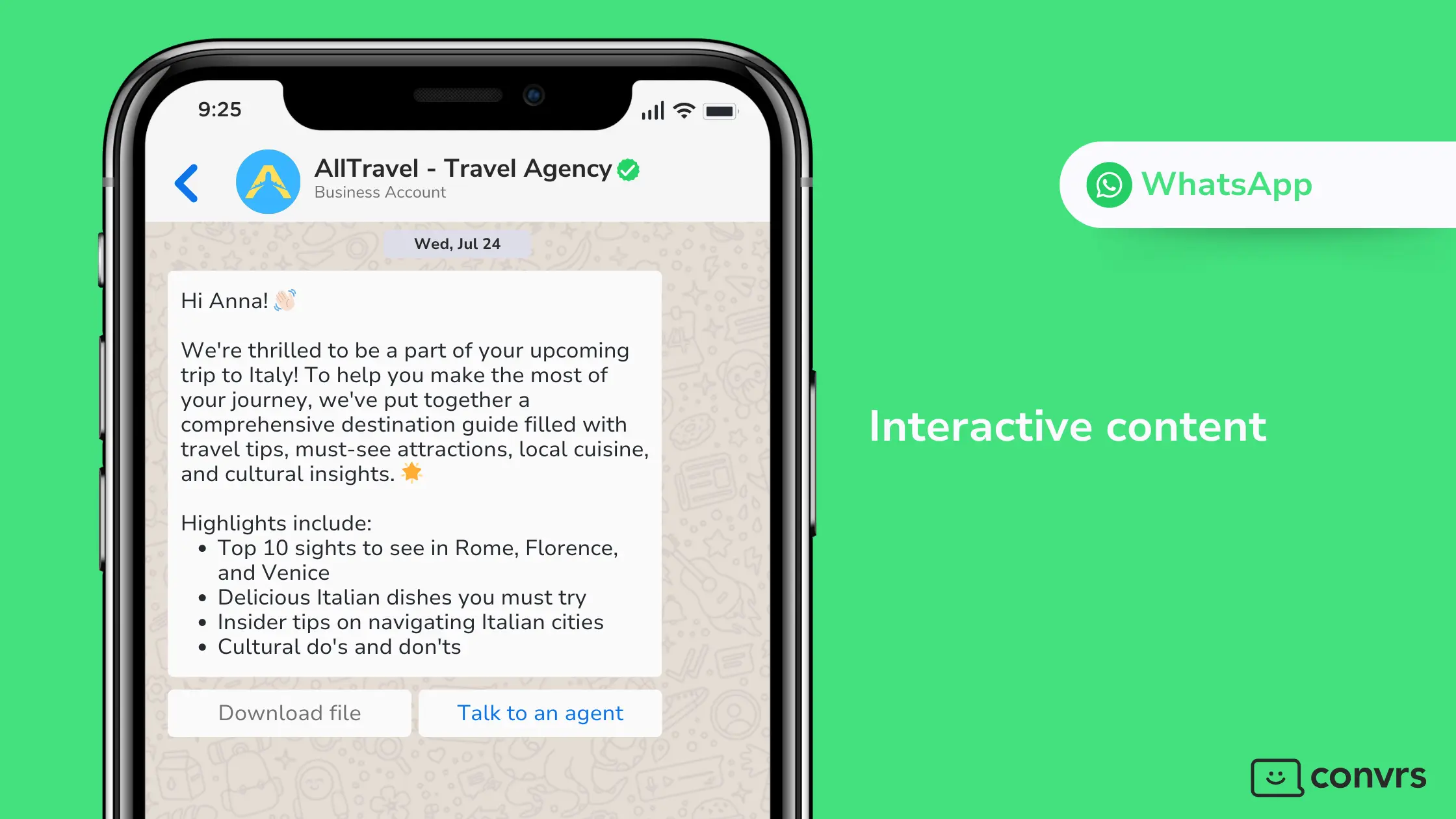 Travel Agency using WhatsApp to send interactive content to customers